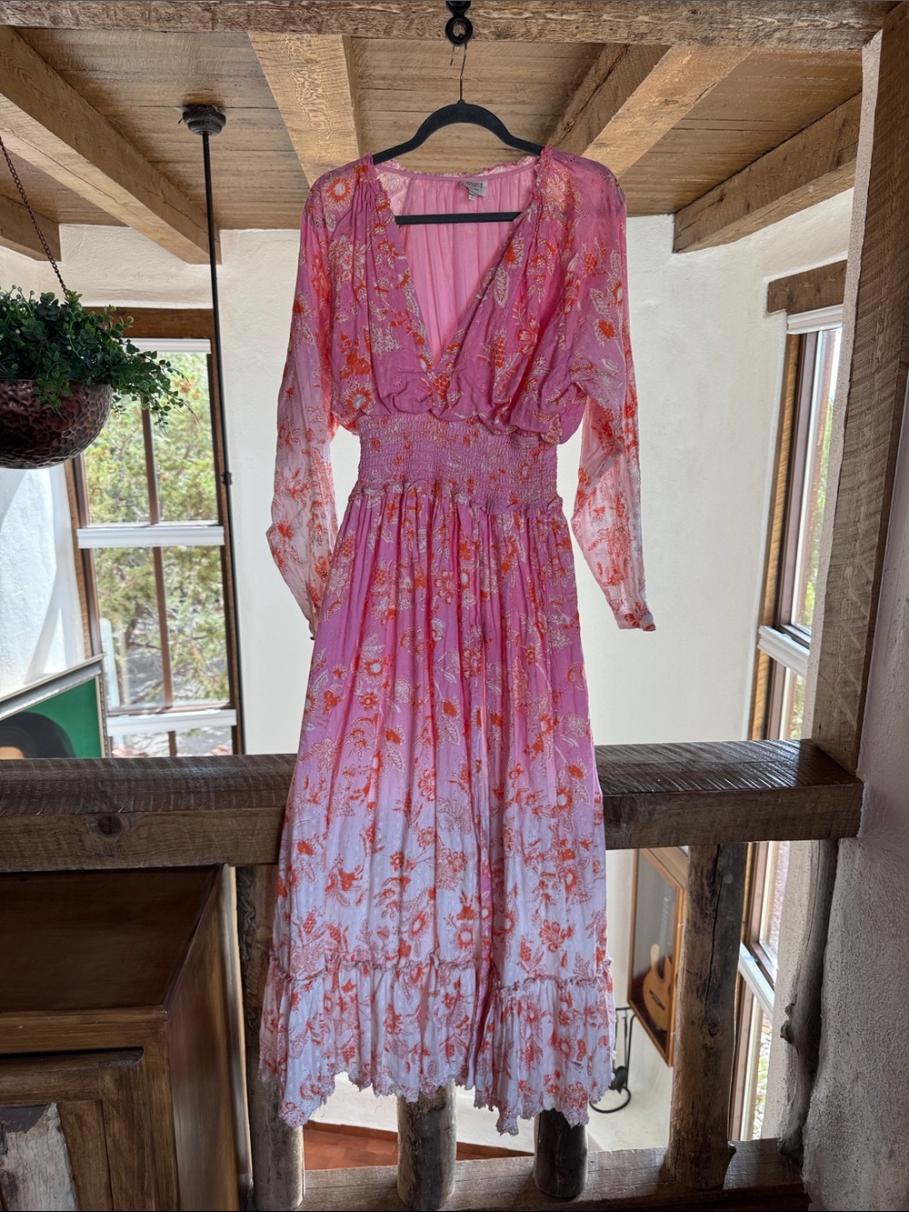 HEMANT & NANDITA Pink Floral Long-Sleeve Maxi Dress